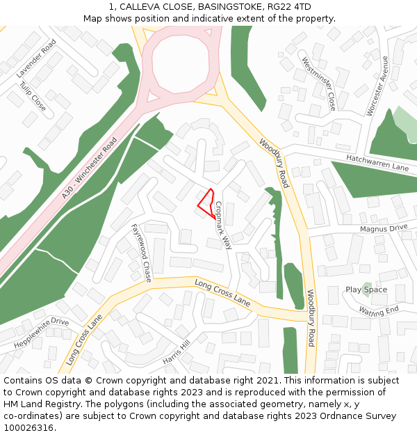 1, CALLEVA CLOSE, BASINGSTOKE, RG22 4TD: Location map and indicative extent of plot