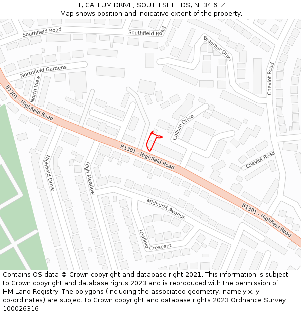 1, CALLUM DRIVE, SOUTH SHIELDS, NE34 6TZ: Location map and indicative extent of plot