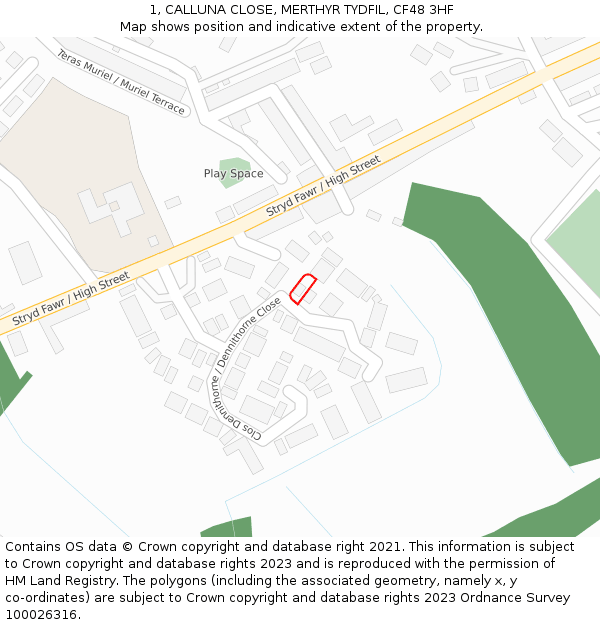 1, CALLUNA CLOSE, MERTHYR TYDFIL, CF48 3HF: Location map and indicative extent of plot