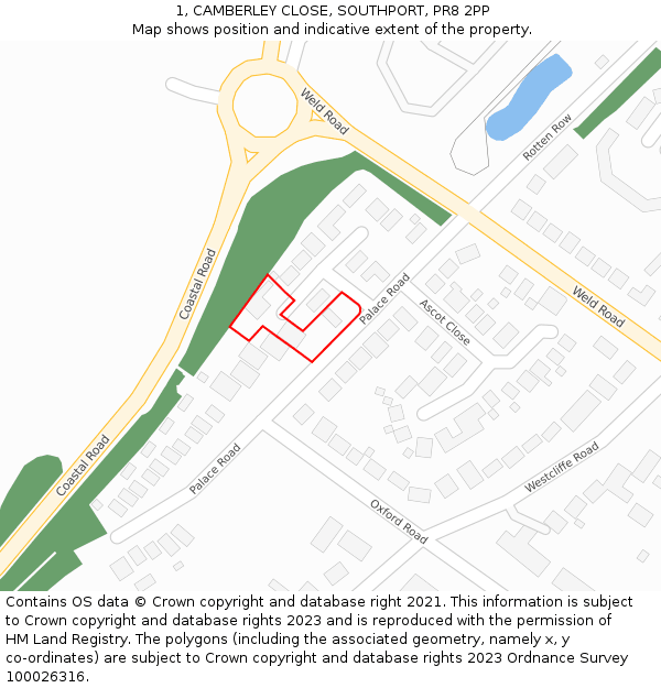 1, CAMBERLEY CLOSE, SOUTHPORT, PR8 2PP: Location map and indicative extent of plot