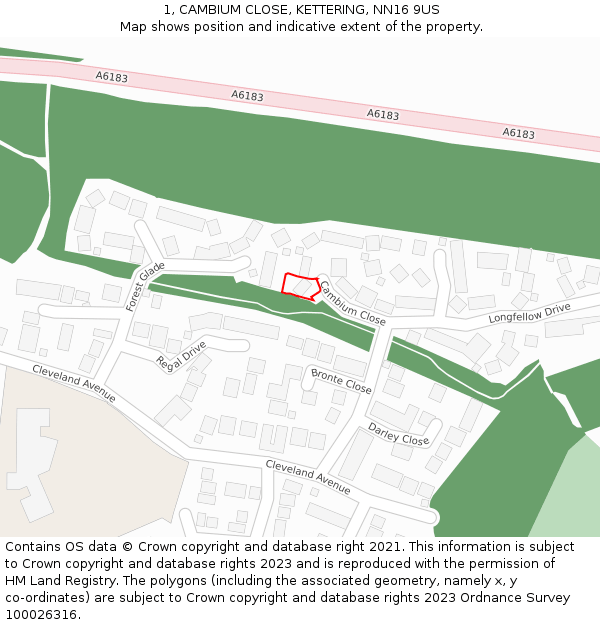 1, CAMBIUM CLOSE, KETTERING, NN16 9US: Location map and indicative extent of plot