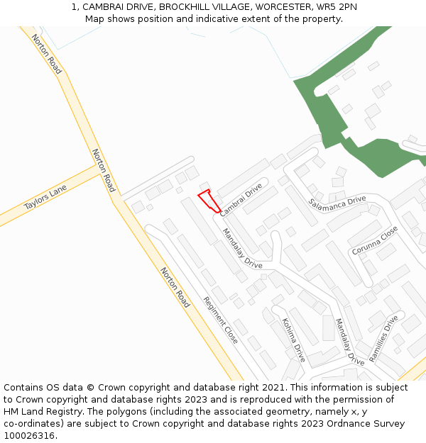 1, CAMBRAI DRIVE, BROCKHILL VILLAGE, WORCESTER, WR5 2PN: Location map and indicative extent of plot