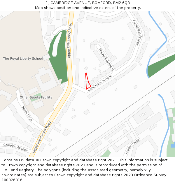 1, CAMBRIDGE AVENUE, ROMFORD, RM2 6QR: Location map and indicative extent of plot