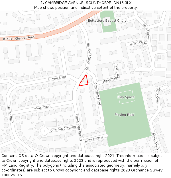 1, CAMBRIDGE AVENUE, SCUNTHORPE, DN16 3LX: Location map and indicative extent of plot