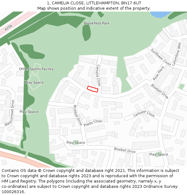 1, CAMELIA CLOSE, LITTLEHAMPTON, BN17 6UT: Location map and indicative extent of plot