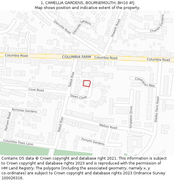 1, CAMELLIA GARDENS, BOURNEMOUTH, BH10 4FJ: Location map and indicative extent of plot