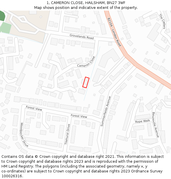 1, CAMERON CLOSE, HAILSHAM, BN27 3WF: Location map and indicative extent of plot