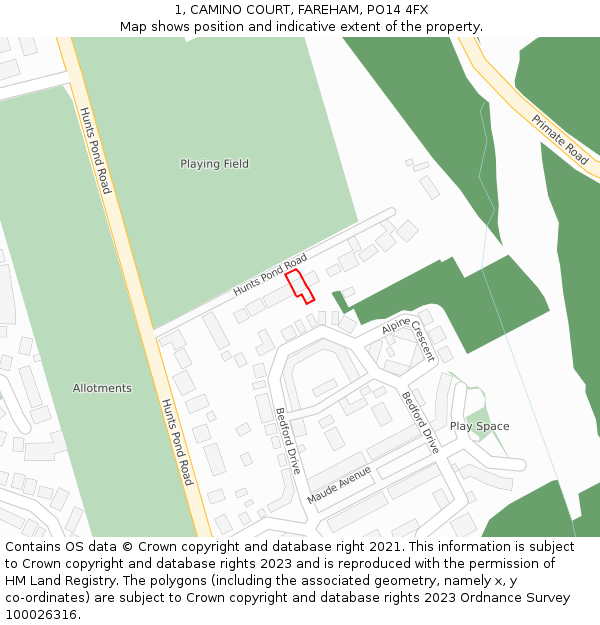 1, CAMINO COURT, FAREHAM, PO14 4FX: Location map and indicative extent of plot