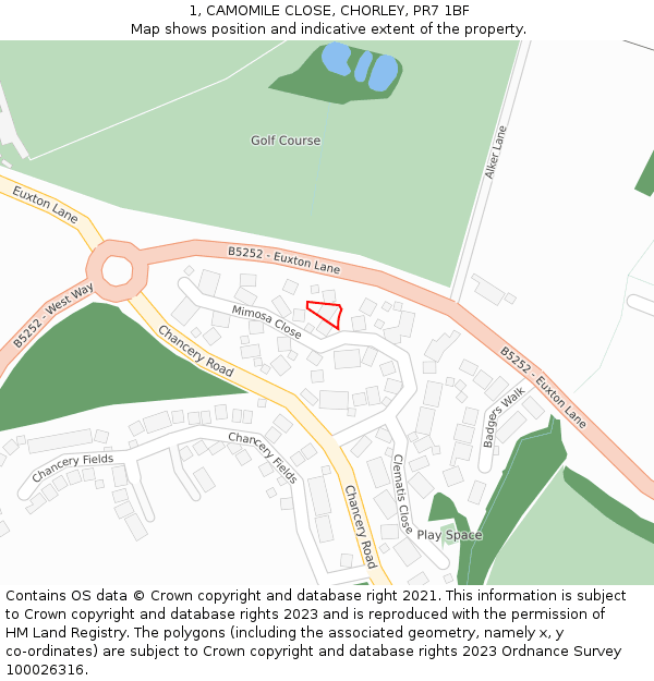 1, CAMOMILE CLOSE, CHORLEY, PR7 1BF: Location map and indicative extent of plot