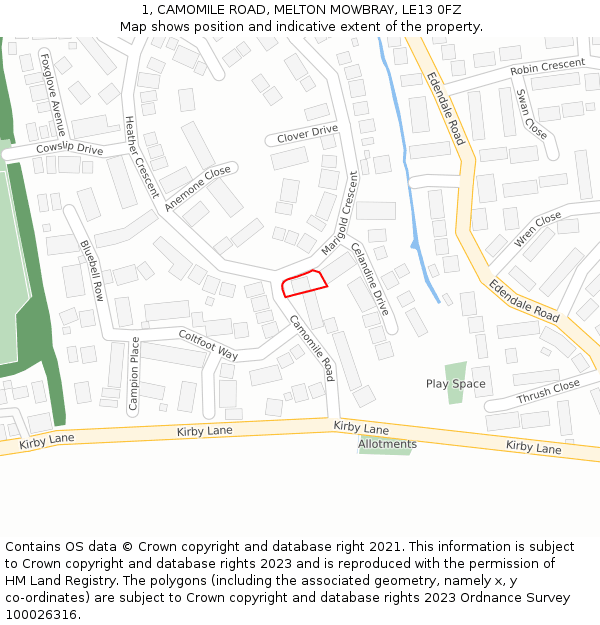 1, CAMOMILE ROAD, MELTON MOWBRAY, LE13 0FZ: Location map and indicative extent of plot