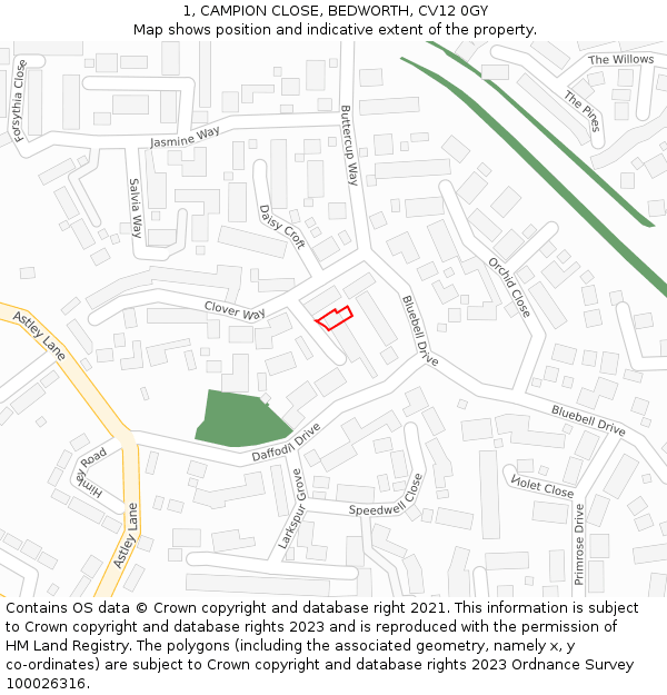 1, CAMPION CLOSE, BEDWORTH, CV12 0GY: Location map and indicative extent of plot