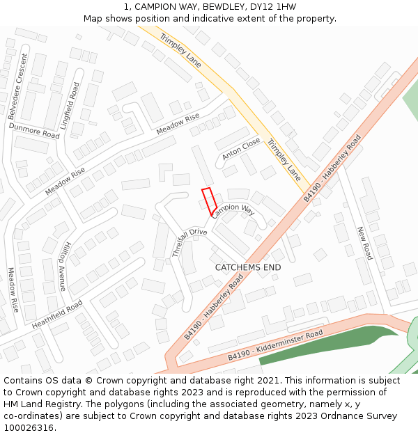 1, CAMPION WAY, BEWDLEY, DY12 1HW: Location map and indicative extent of plot