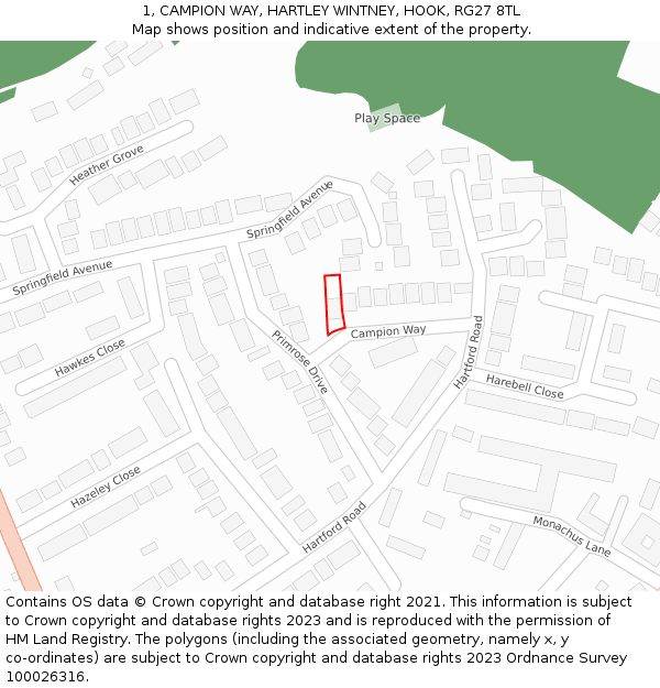 1, CAMPION WAY, HARTLEY WINTNEY, HOOK, RG27 8TL: Location map and indicative extent of plot