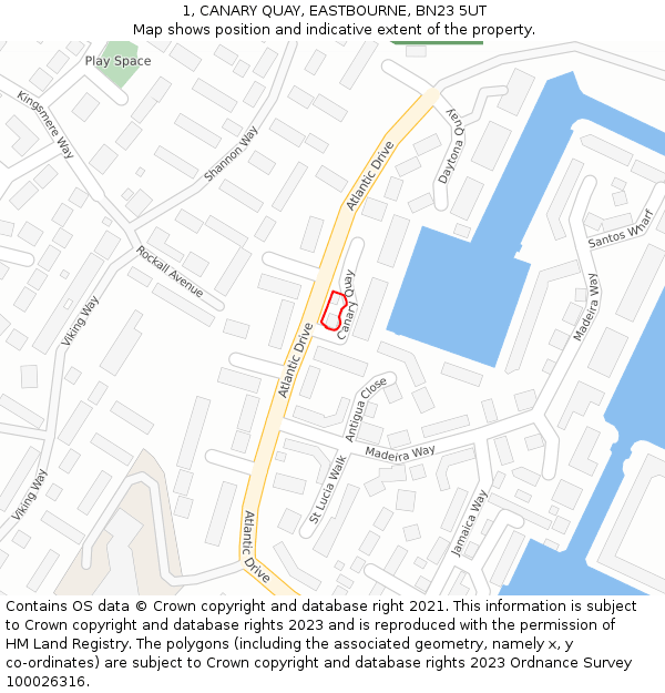 1, CANARY QUAY, EASTBOURNE, BN23 5UT: Location map and indicative extent of plot