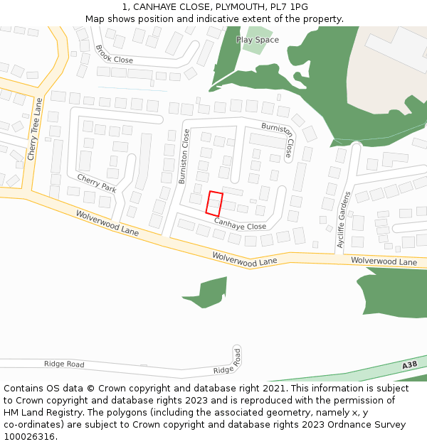 1, CANHAYE CLOSE, PLYMOUTH, PL7 1PG: Location map and indicative extent of plot