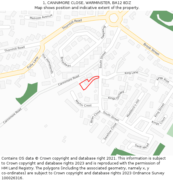 1, CANNIMORE CLOSE, WARMINSTER, BA12 8DZ: Location map and indicative extent of plot