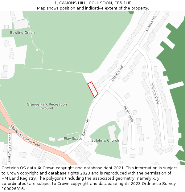 1, CANONS HILL, COULSDON, CR5 1HB: Location map and indicative extent of plot