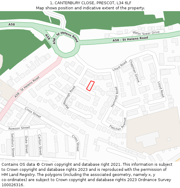 1, CANTERBURY CLOSE, PRESCOT, L34 6LF: Location map and indicative extent of plot