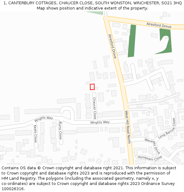 1, CANTERBURY COTTAGES, CHAUCER CLOSE, SOUTH WONSTON, WINCHESTER, SO21 3HQ: Location map and indicative extent of plot