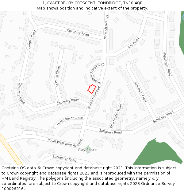 1, CANTERBURY CRESCENT, TONBRIDGE, TN10 4QP: Location map and indicative extent of plot
