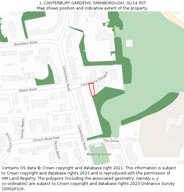 1, CANTERBURY GARDENS, FARNBOROUGH, GU14 6ST: Location map and indicative extent of plot