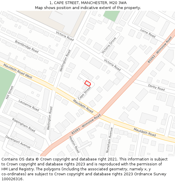 1, CAPE STREET, MANCHESTER, M20 3WA: Location map and indicative extent of plot