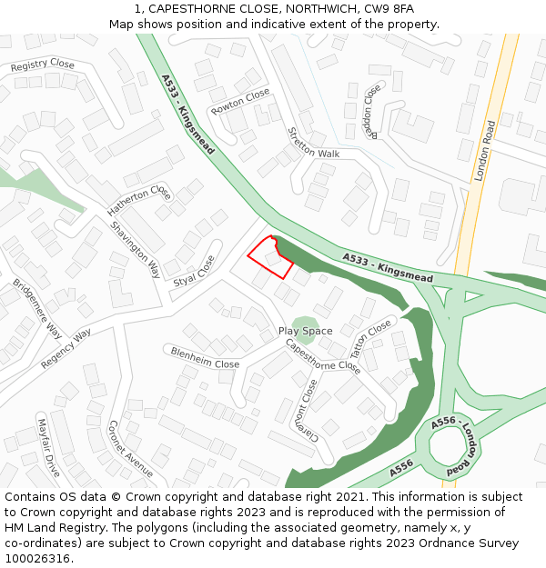 1, CAPESTHORNE CLOSE, NORTHWICH, CW9 8FA: Location map and indicative extent of plot