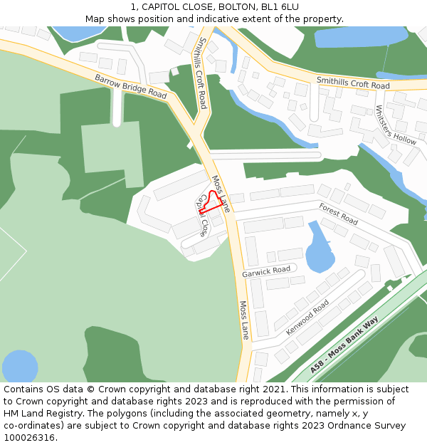 1, CAPITOL CLOSE, BOLTON, BL1 6LU: Location map and indicative extent of plot
