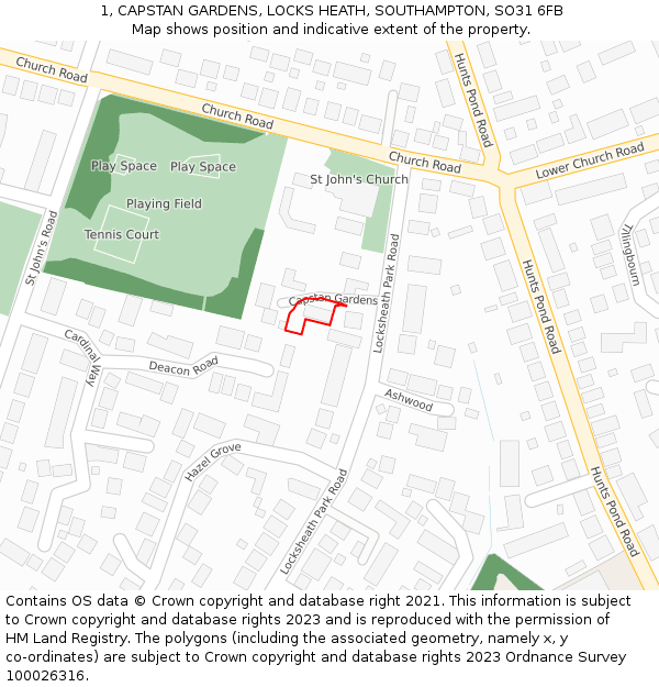 1, CAPSTAN GARDENS, LOCKS HEATH, SOUTHAMPTON, SO31 6FB: Location map and indicative extent of plot