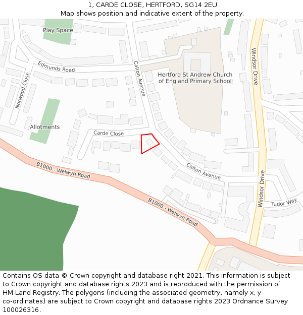 1, CARDE CLOSE, HERTFORD, SG14 2EU: Location map and indicative extent of plot