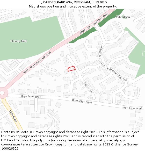 1, CARDEN PARK WAY, WREXHAM, LL13 9GD: Location map and indicative extent of plot