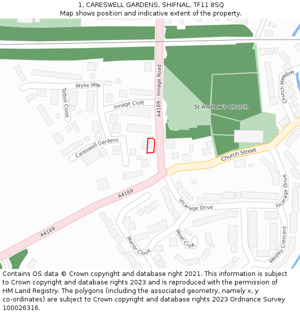 1, CARESWELL GARDENS, SHIFNAL, TF11 8SQ: Location map and indicative extent of plot