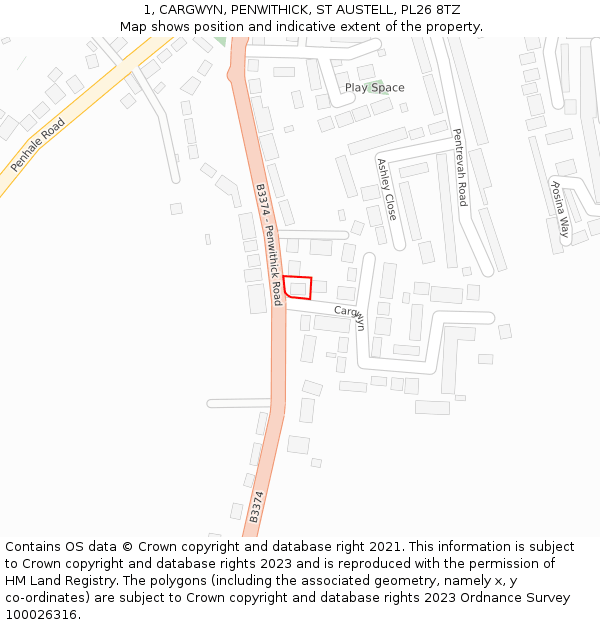 1, CARGWYN, PENWITHICK, ST AUSTELL, PL26 8TZ: Location map and indicative extent of plot