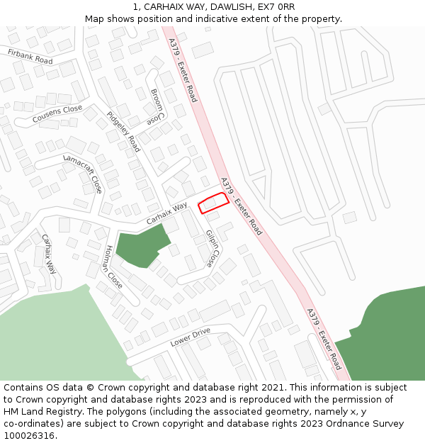 1, CARHAIX WAY, DAWLISH, EX7 0RR: Location map and indicative extent of plot