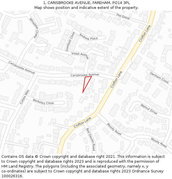 1, CARISBROOKE AVENUE, FAREHAM, PO14 3PL: Location map and indicative extent of plot