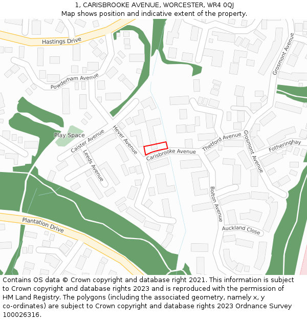 1, CARISBROOKE AVENUE, WORCESTER, WR4 0QJ: Location map and indicative extent of plot