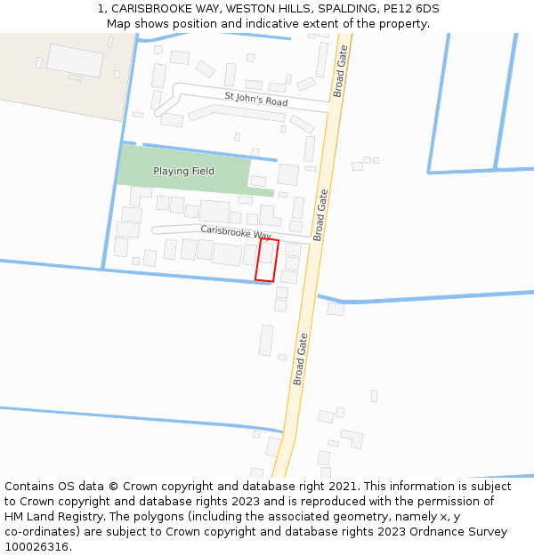 1, CARISBROOKE WAY, WESTON HILLS, SPALDING, PE12 6DS: Location map and indicative extent of plot