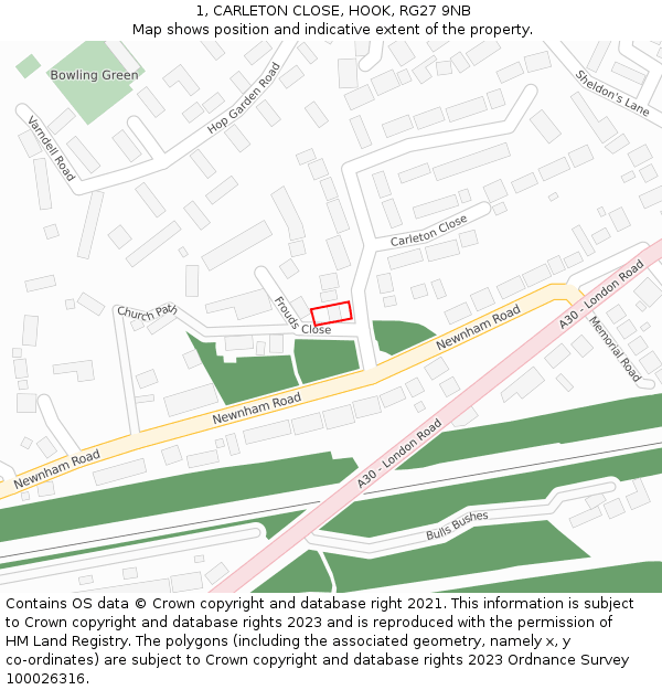 1, CARLETON CLOSE, HOOK, RG27 9NB: Location map and indicative extent of plot