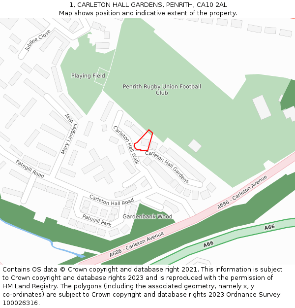 1, CARLETON HALL GARDENS, PENRITH, CA10 2AL: Location map and indicative extent of plot