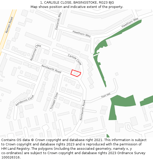 1, CARLISLE CLOSE, BASINGSTOKE, RG23 8JG: Location map and indicative extent of plot