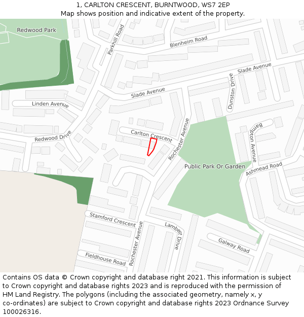 1, CARLTON CRESCENT, BURNTWOOD, WS7 2EP: Location map and indicative extent of plot