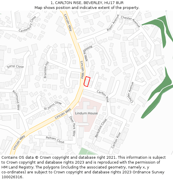 1, CARLTON RISE, BEVERLEY, HU17 8UR: Location map and indicative extent of plot