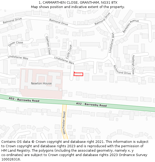 1, CARMARTHEN CLOSE, GRANTHAM, NG31 8TX: Location map and indicative extent of plot