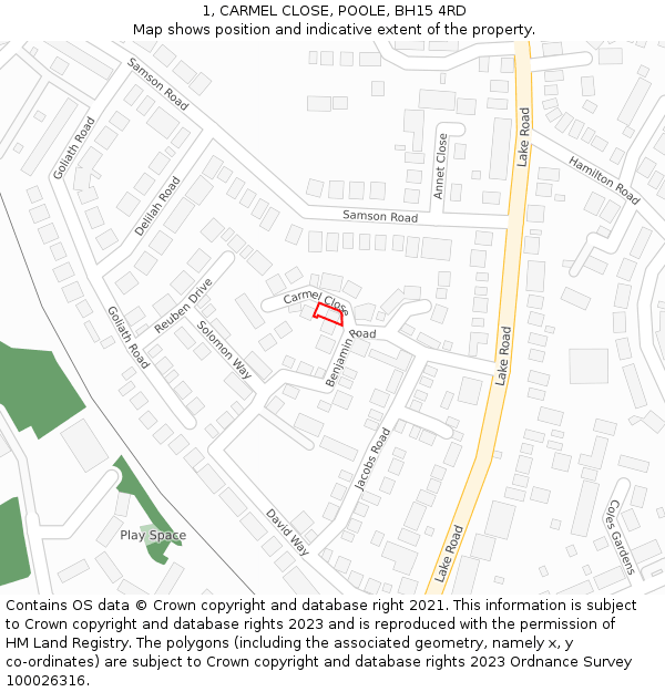 1, CARMEL CLOSE, POOLE, BH15 4RD: Location map and indicative extent of plot