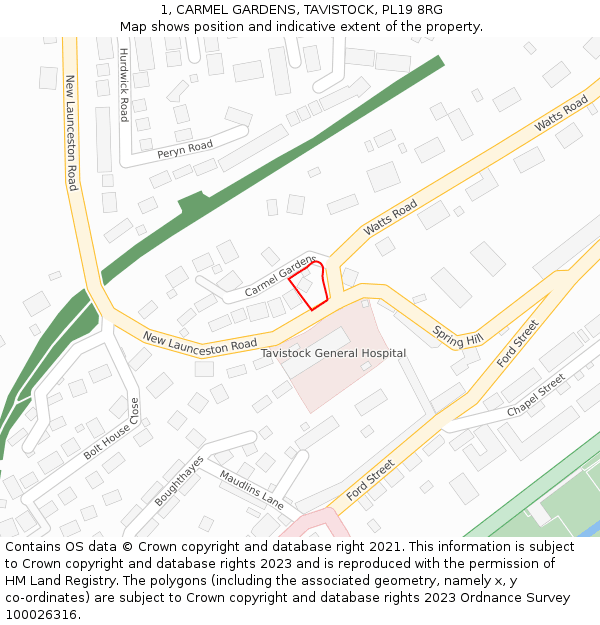 1, CARMEL GARDENS, TAVISTOCK, PL19 8RG: Location map and indicative extent of plot