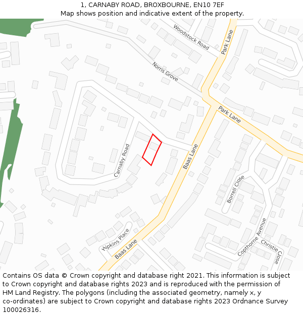 1, CARNABY ROAD, BROXBOURNE, EN10 7EF: Location map and indicative extent of plot