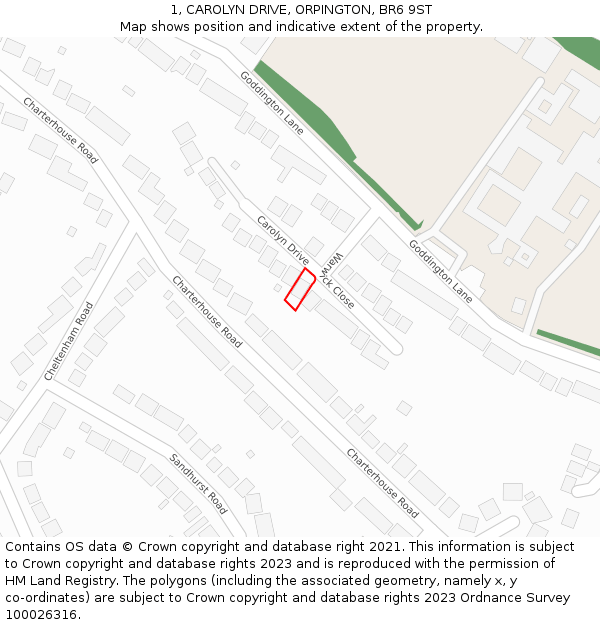 1, CAROLYN DRIVE, ORPINGTON, BR6 9ST: Location map and indicative extent of plot