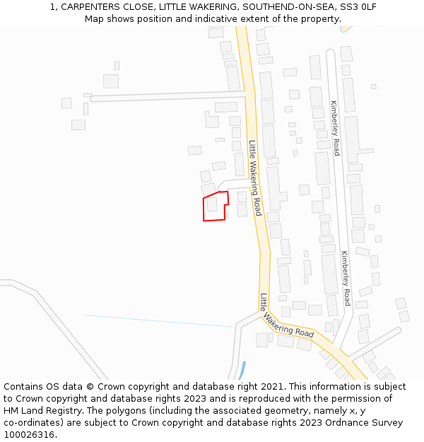 1, CARPENTERS CLOSE, LITTLE WAKERING, SOUTHEND-ON-SEA, SS3 0LF: Location map and indicative extent of plot