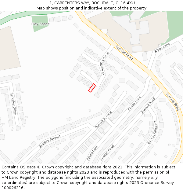 1, CARPENTERS WAY, ROCHDALE, OL16 4XU: Location map and indicative extent of plot