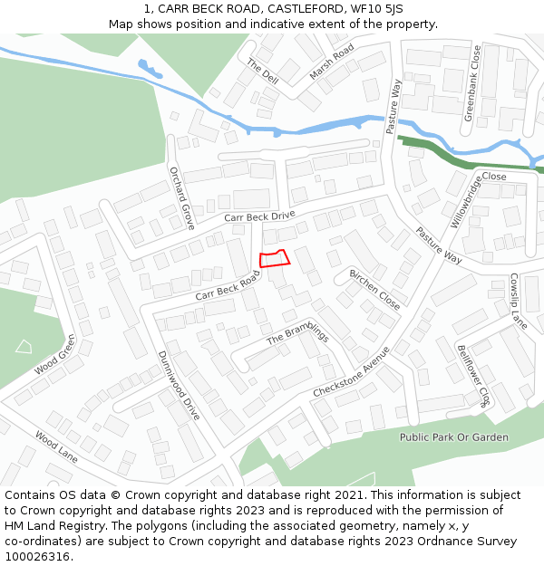 1, CARR BECK ROAD, CASTLEFORD, WF10 5JS: Location map and indicative extent of plot